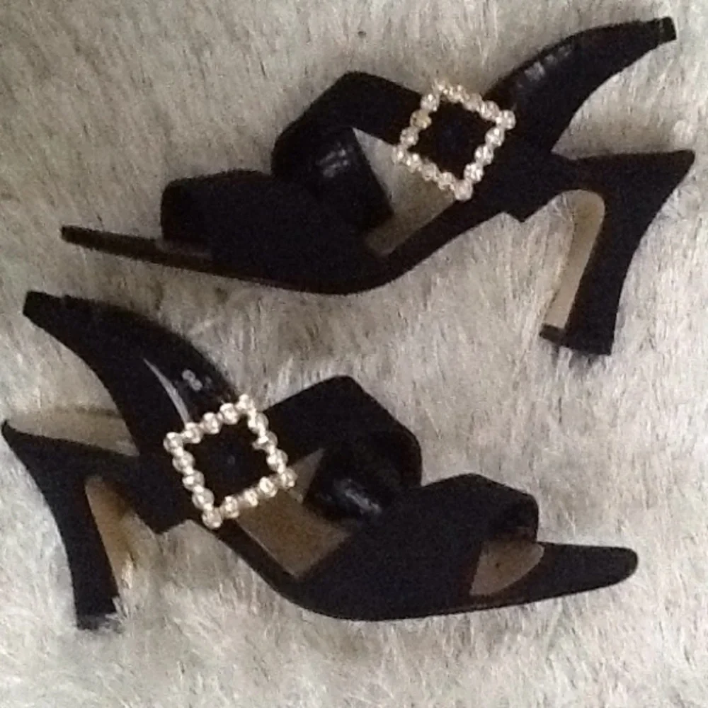 Caparro's‎ Black Satin Rhinestone Large Buckle Square Heels Shoes